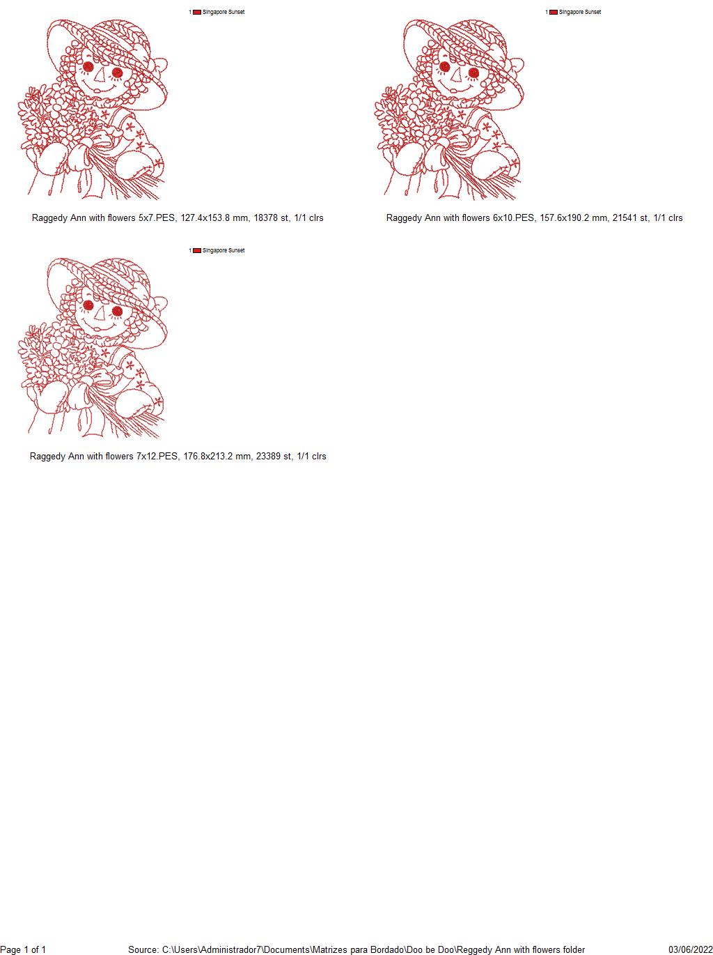 Raggedy Doll with flowers - Redwork