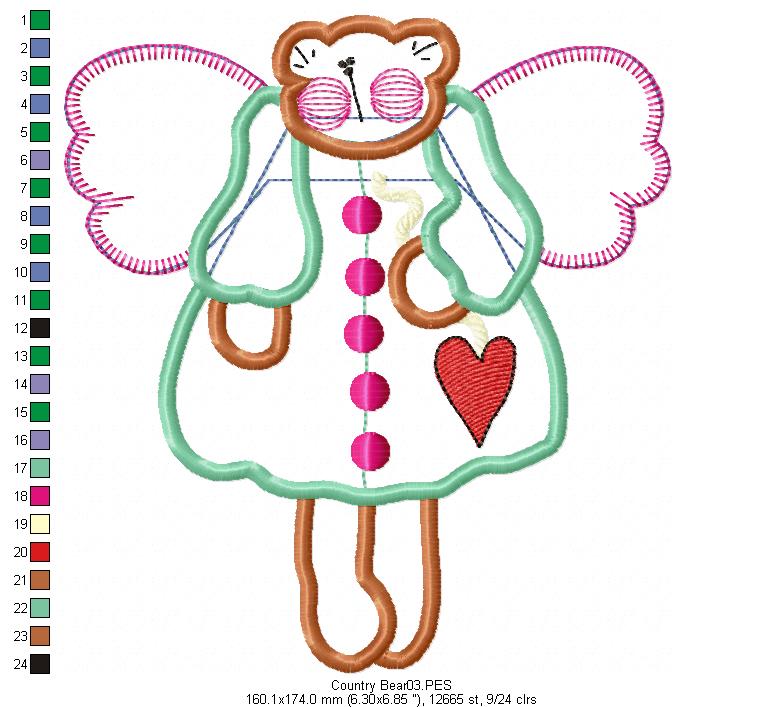 Country Angel Teddy Bear - Applique - Machine Embroidery Design