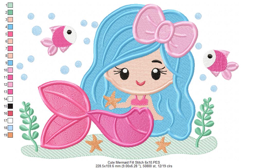 Cute Mermaid with Bow - Fill Stitch & Applique - Set of 2 designs