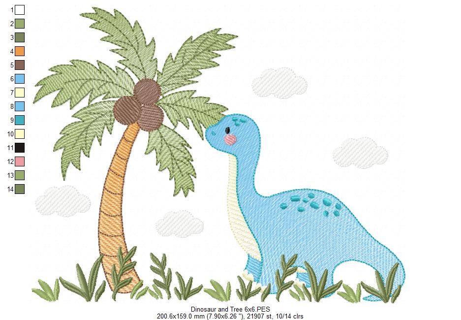 Dinosaur and Coconut Tree - Rippled Stitch - Machine Embroidery Design
