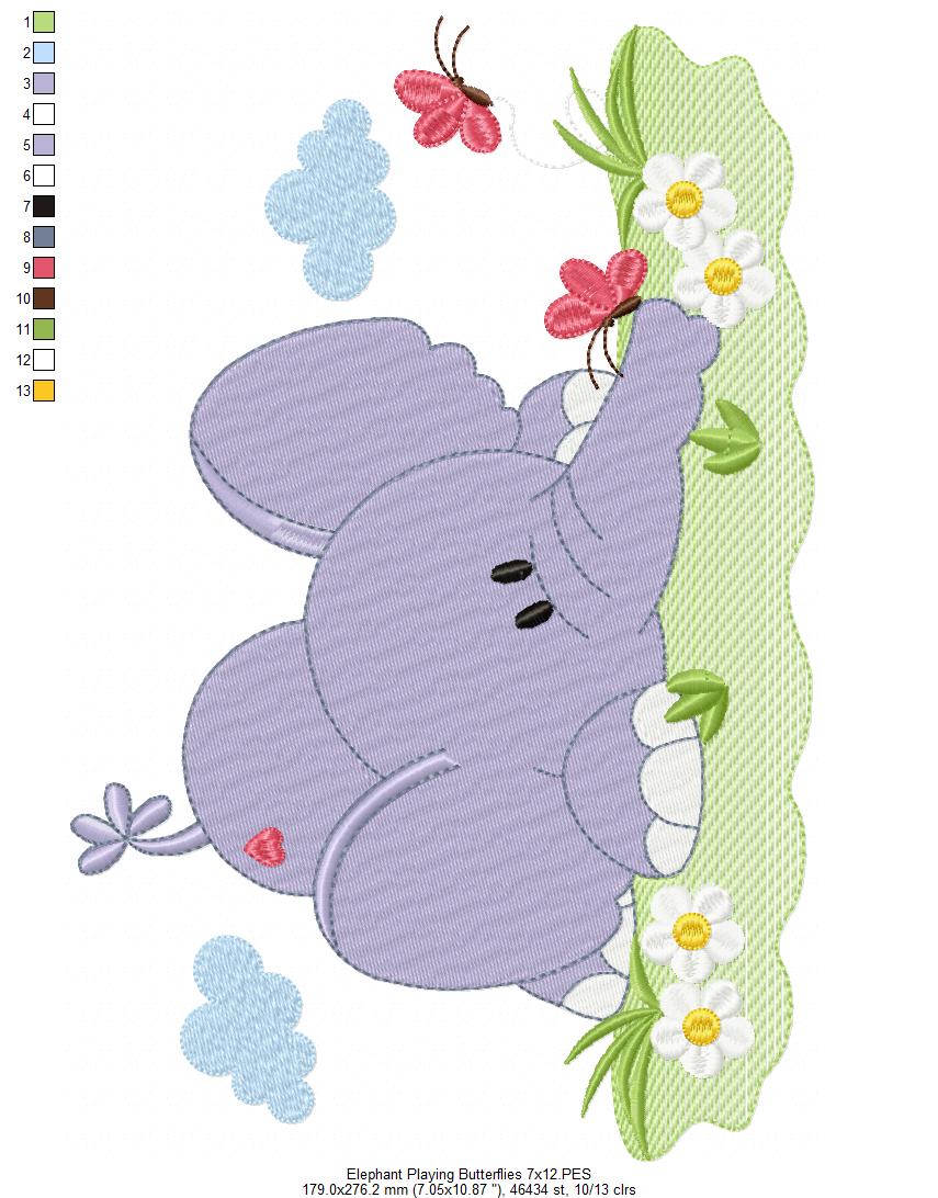 Elephant Playing with the Butterflies - Fill Stitch