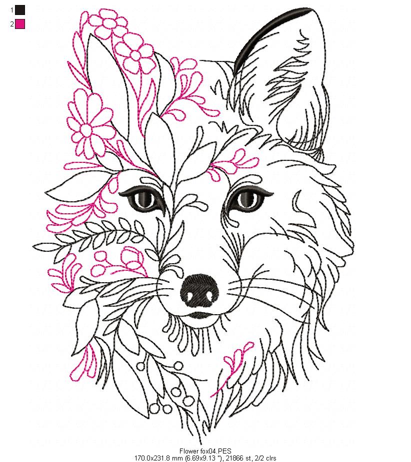 Flower Fox - Redwork