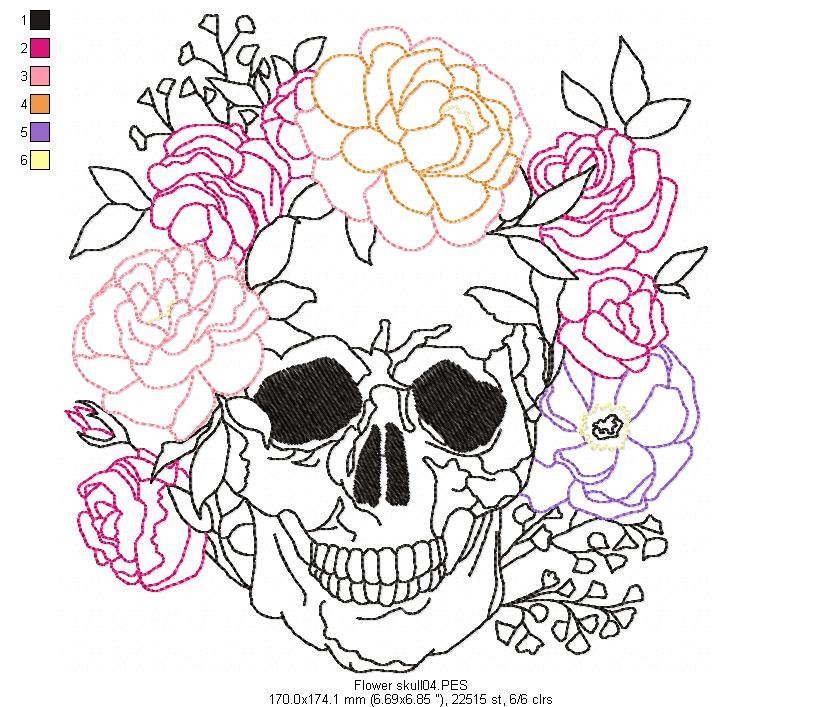 Flower Skull - Redwork