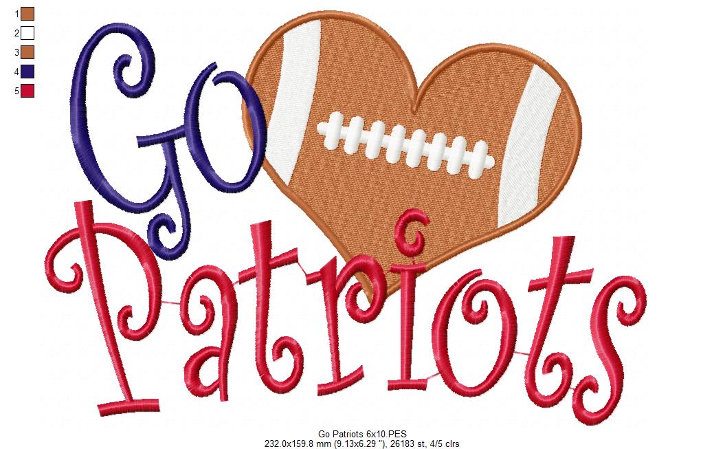 Go Patriots Football Heart – Fill Stitch – Machine Embroidery Design