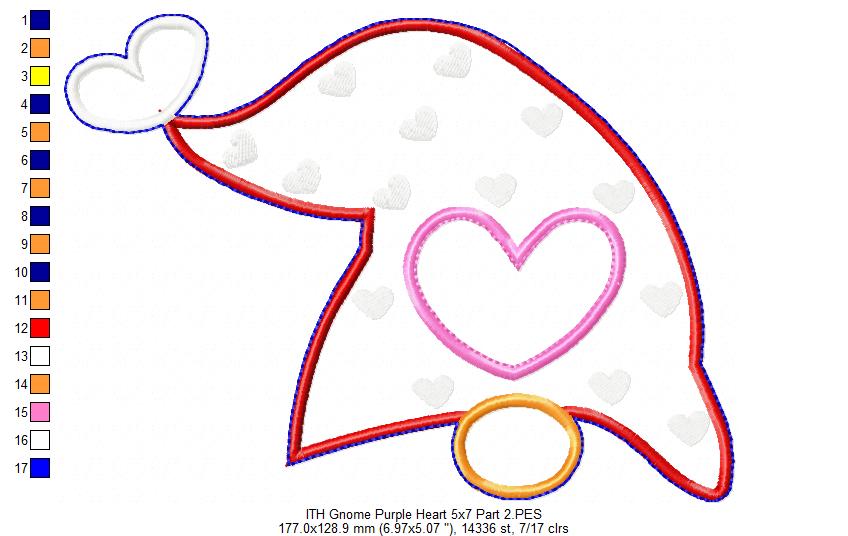 Gnome Purple Heart Ornament - ITH Project - Machine Embroidery Design