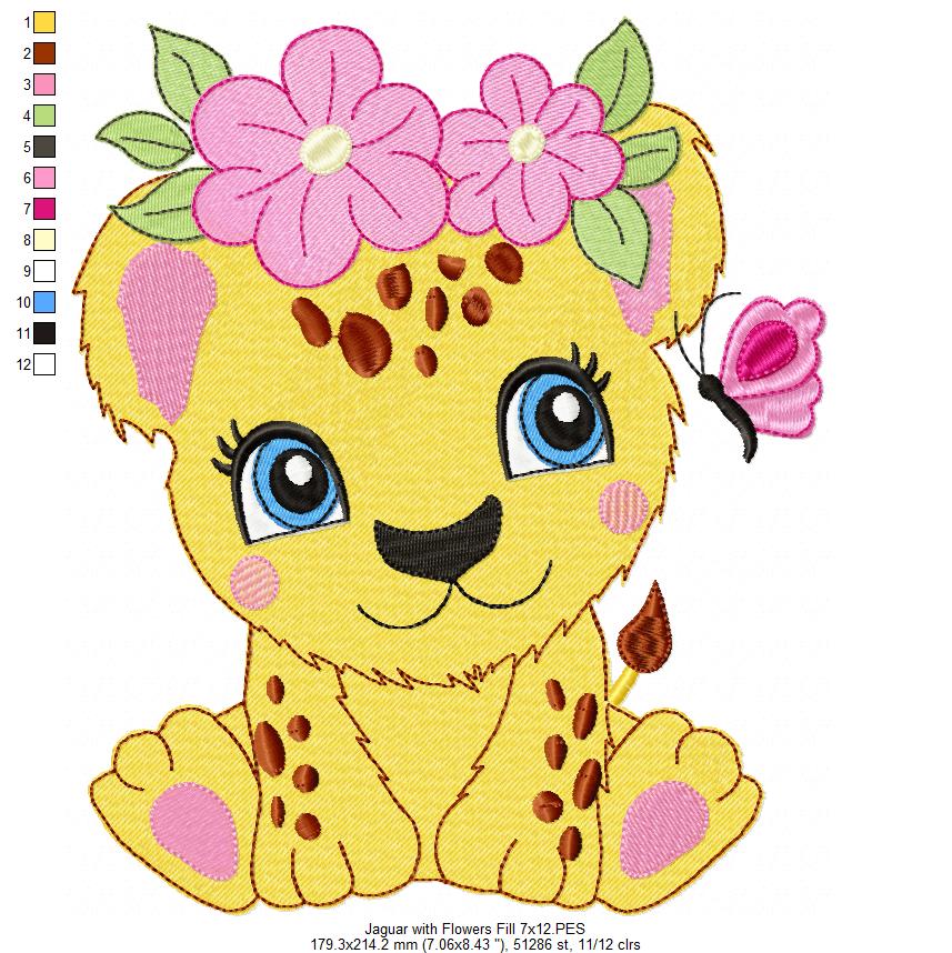 Jaguar Girl with Flowers - Applique & Fill Stitch - Set of 2 designs