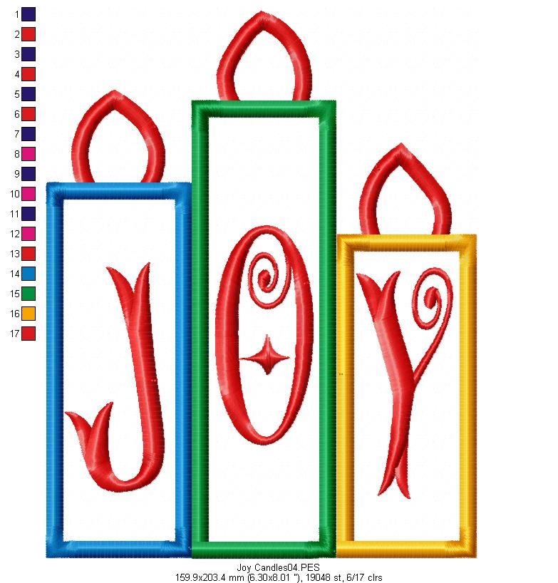 Joy Christmas Candles - Applique - Machine Embroidery Design