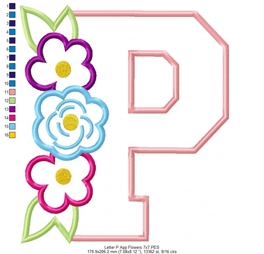 Monogram P and Flowers - Applique - Machine Embroidery Design