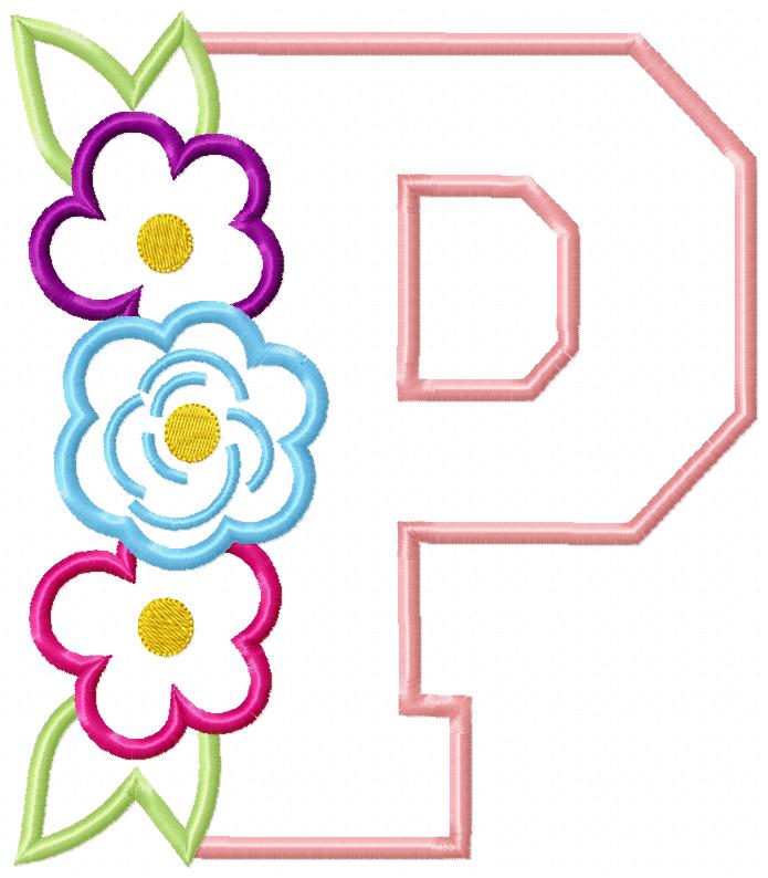 Monogram P and Flowers - Applique - Machine Embroidery Design