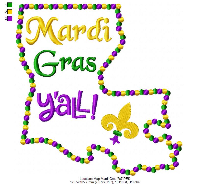 Lousiana Map Mardi Gras Y'all - Fill Stitch Embroidery