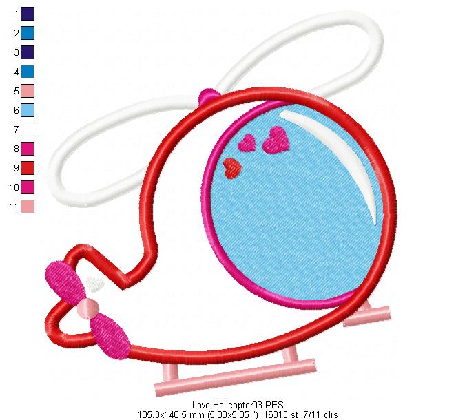 Love Helicopter - Applique - Machine Embroidery Design