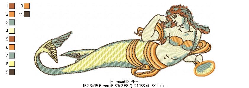 Vintage Mermaid - Fill Stitch - Machine Embroidery Design