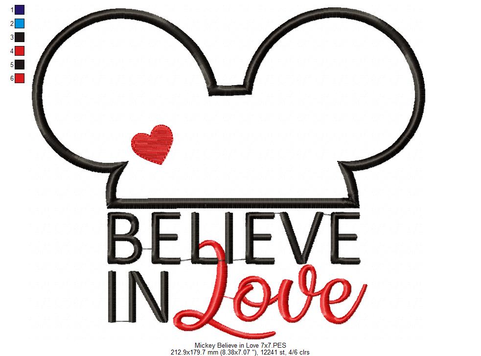 Valentines Mouse Ears Boy Believe in Love - Applique - Machine Embroidery Design