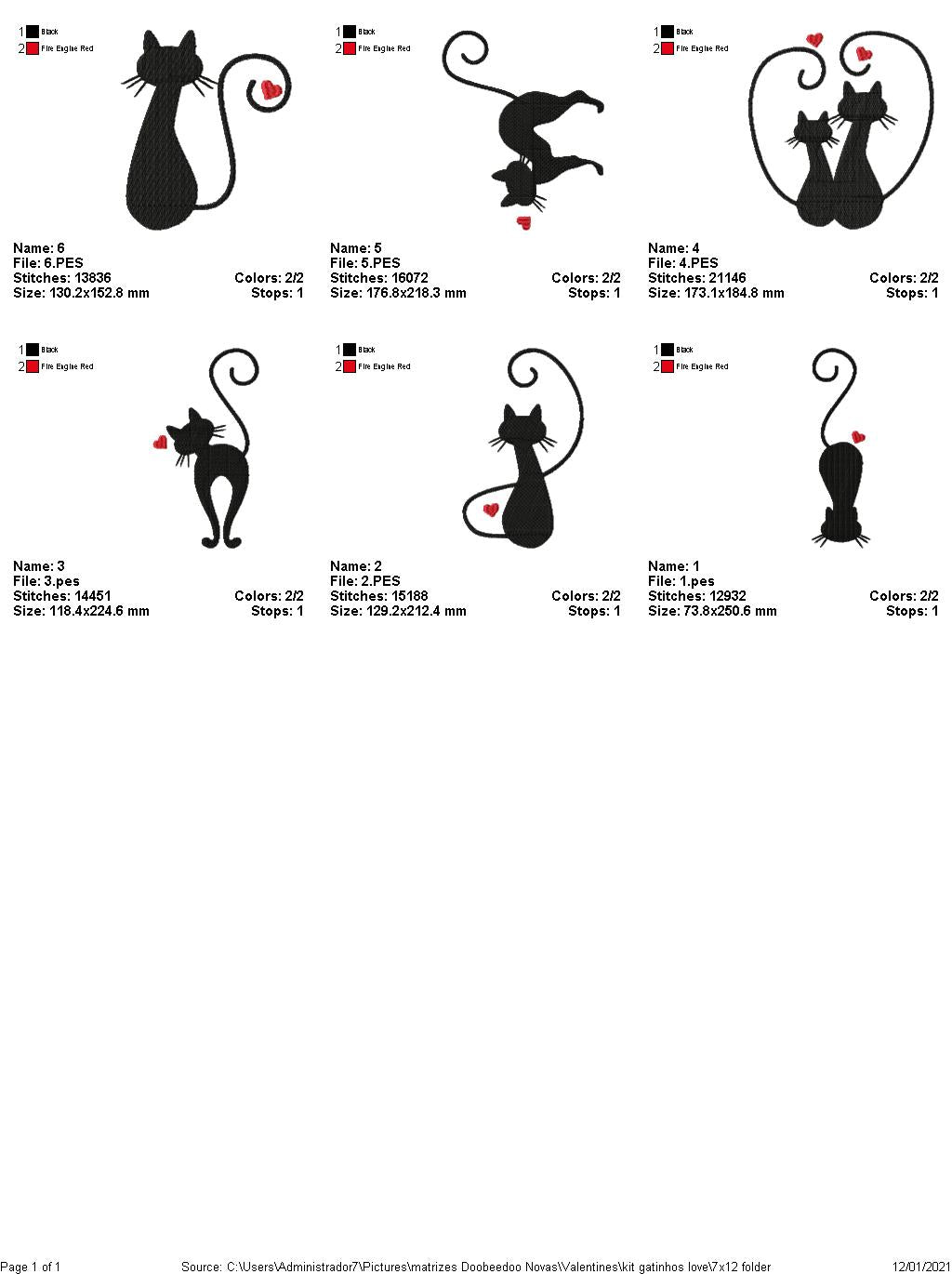 Cats - Valentine's Day - Fill Stitch - 6 Designs- 6 Sizes - Machine Embroidery Design