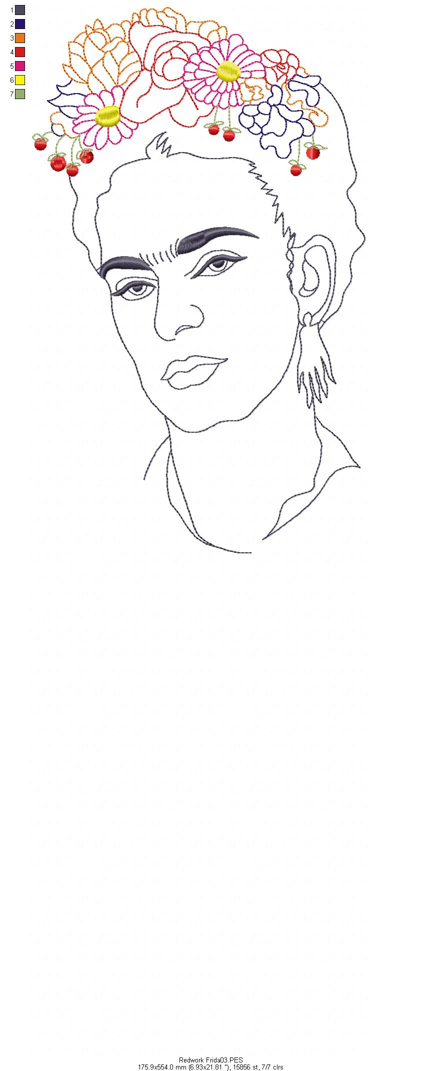 Frida Kahlo - Geek - Redwork Machine Embroidery Design