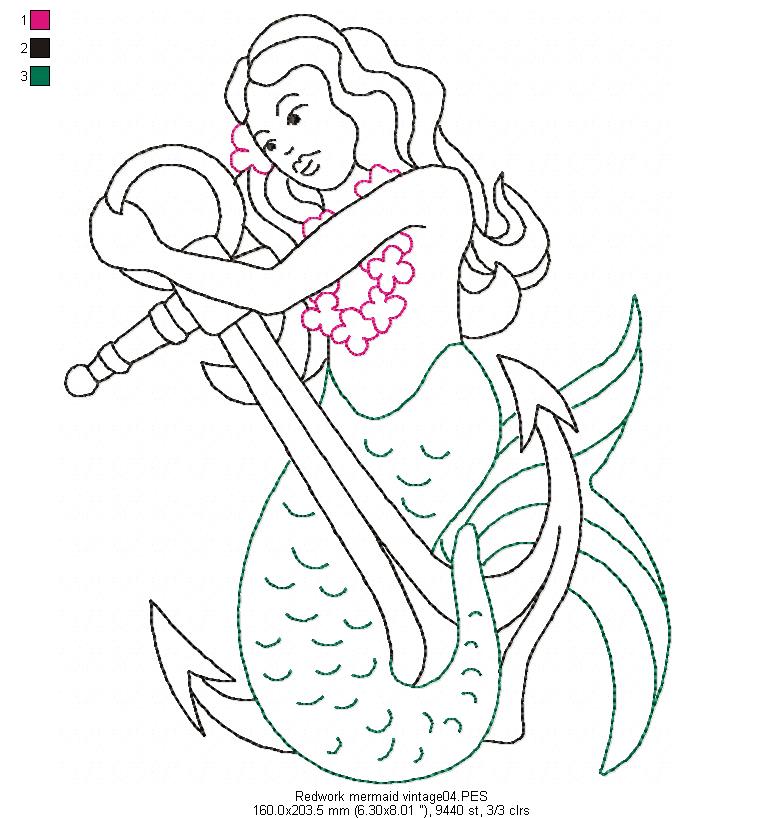 Vintage Mermaid - Redwork