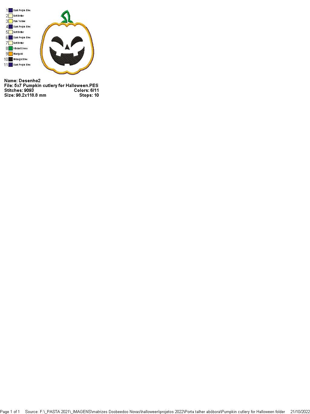 Pumpkin Cutlery Holder - ITH Project - Machine Embroidery Design