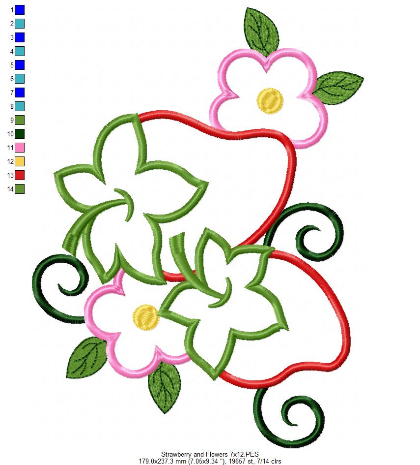 Strawberry and Flowers - Applique - Machine Embroidery Design