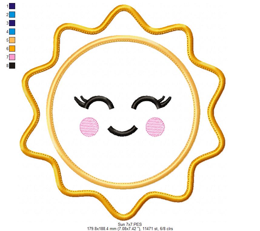 Happy Sun Smiling, Sunshine, Summer - Applique - Machine Embroidery Design