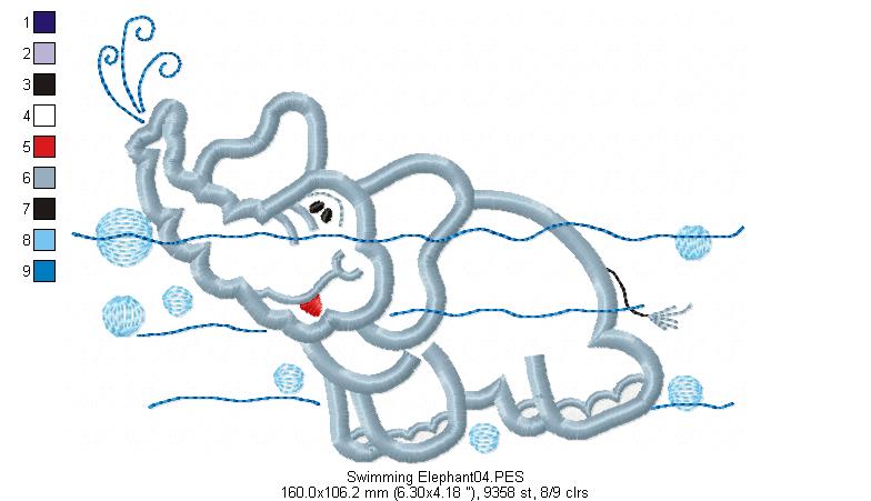 Swimming Elephant - Applique - Machine Embroidery Design