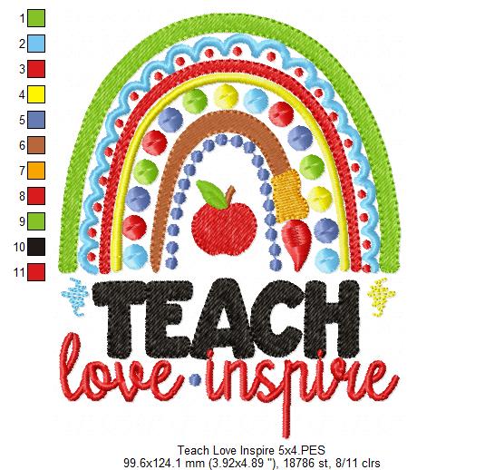 Boho Rainbow Teach Love Inspire - Fill Stitch - Machine Embroidery Design
