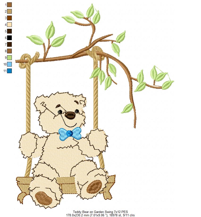Teddy Bear on Garden Swing - Fill Stitch