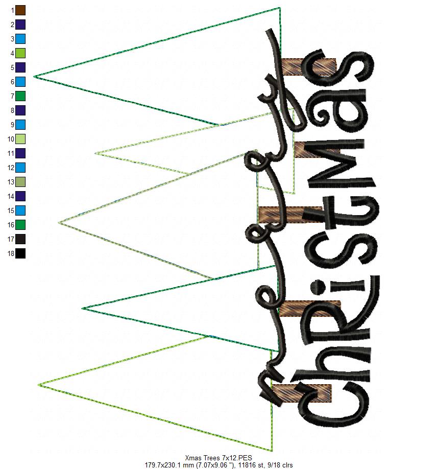 Merry Christmas Christmas Tree Cluster - Raggy Applique