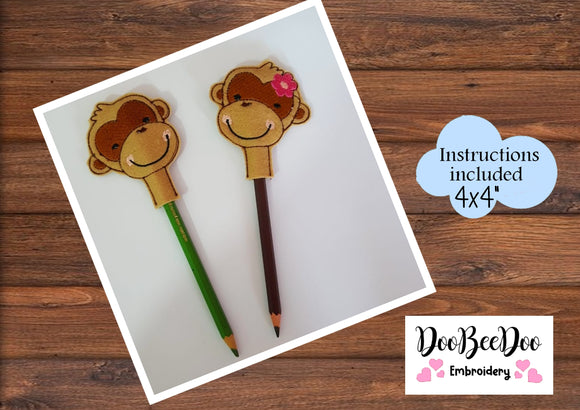 Pencil Topper Little Monkey Boy and Girl - ITH Project - Machine Embroidery Design