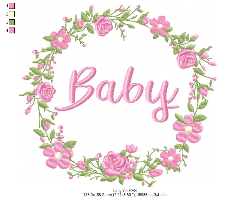 Baby Word Flowers Frame - Fill Stitch - Machine Embroidery Design