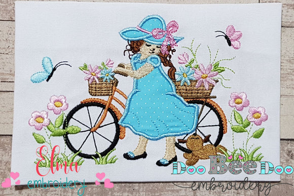 Beautiful Girl, Bike and Dog - Applique - Machine Embroidery Design