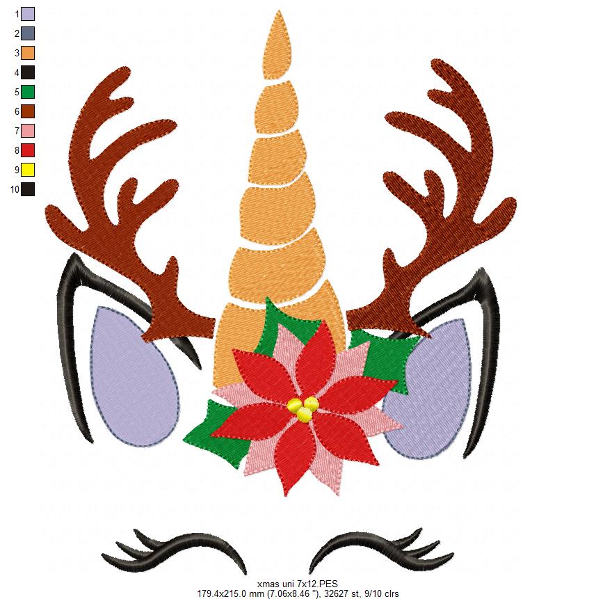 Christmas Unicorn - Fill Stitch - Machine Embroidery Design