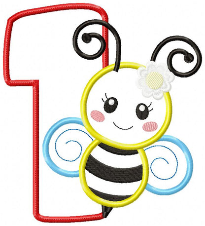 🐝 Number 1 with Cute Bumblebee – Applique – Machine Embroidery Design 🐝