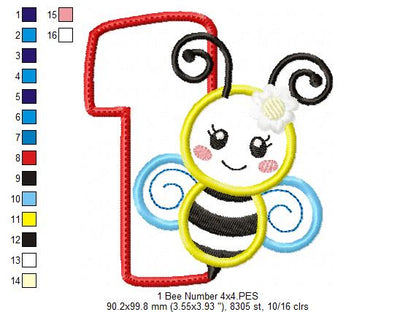 🐝 Number 1 with Cute Bumblebee – Applique – Machine Embroidery Design 🐝