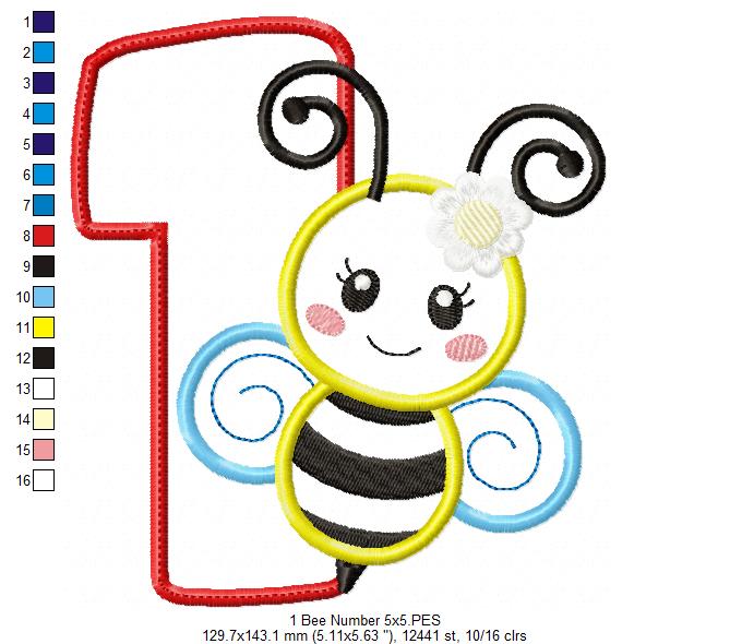 🐝 Number 1 with Cute Bumblebee – Applique – Machine Embroidery Design 🐝