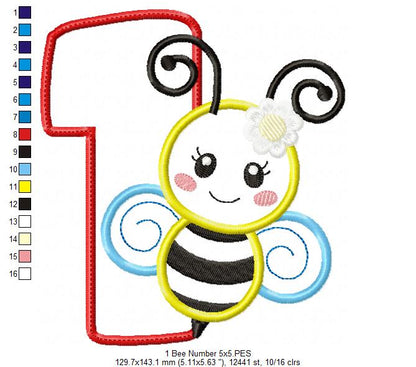🐝 Number 1 with Cute Bumblebee – Applique – Machine Embroidery Design 🐝