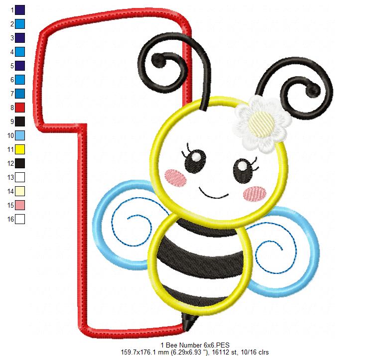 🐝 Number 1 with Cute Bumblebee – Applique – Machine Embroidery Design 🐝