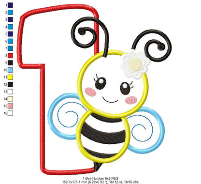 🐝 Number 1 with Cute Bumblebee – Applique – Machine Embroidery Design 🐝