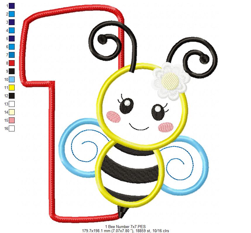 🐝 Number 1 with Cute Bumblebee – Applique – Machine Embroidery