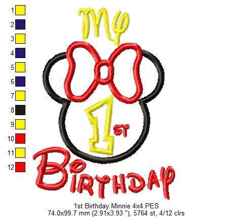 My 1st Birthday Mouse Ears Girl Number 1 One - Applique Embroidery