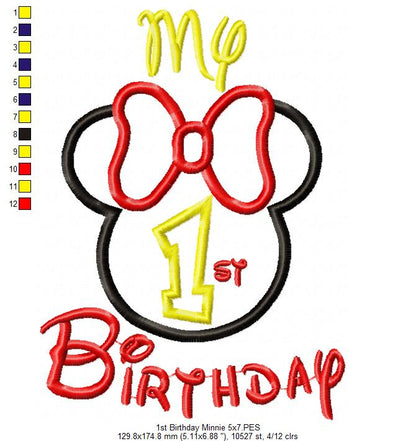 My 1st Birthday Mouse Ears Girl Number 1 One - Applique Embroidery