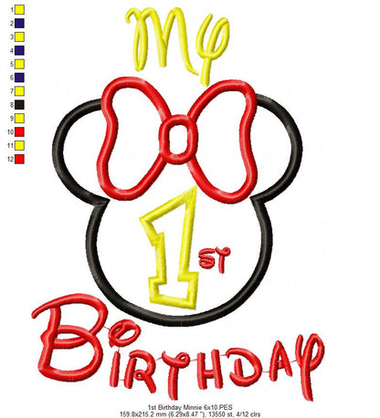 My 1st Birthday Mouse Ears Girl Number 1 One - Applique Embroidery