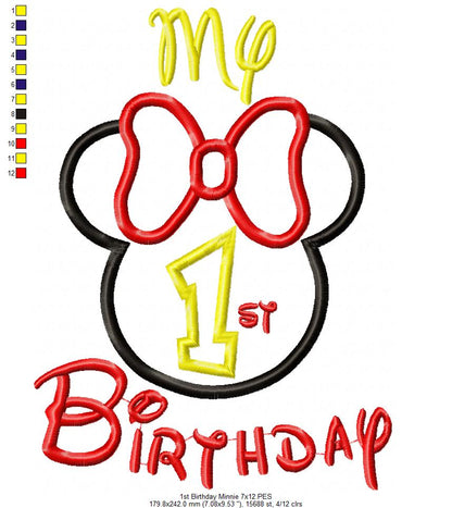My 1st Birthday Mouse Ears Girl Number 1 One - Applique Embroidery