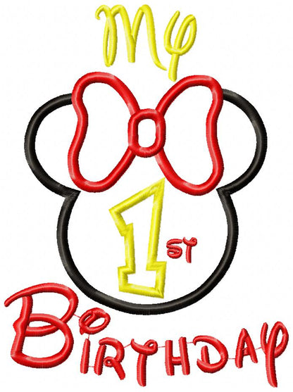 My 1st Birthday Mouse Ears Girl Number 1 One - Applique Embroidery