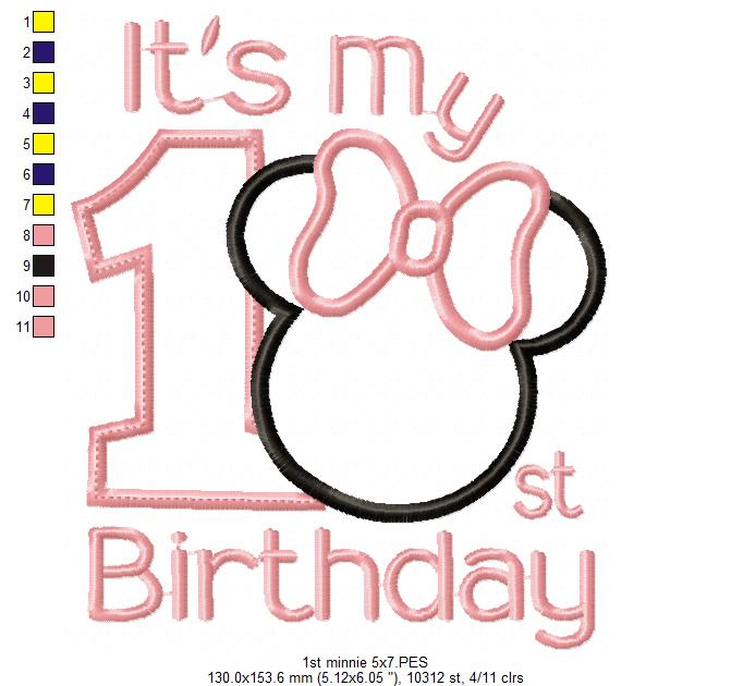 It's My 1st Birthday Mouse Ears Girl Number 1 One - Applique Embroidery