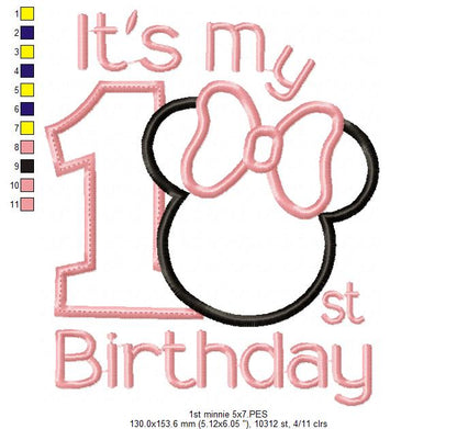 It's My 1st Birthday Mouse Ears Girl Number 1 One - Applique Embroidery
