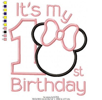 It's My 1st Birthday Mouse Ears Girl Number 1 One - Applique Embroidery