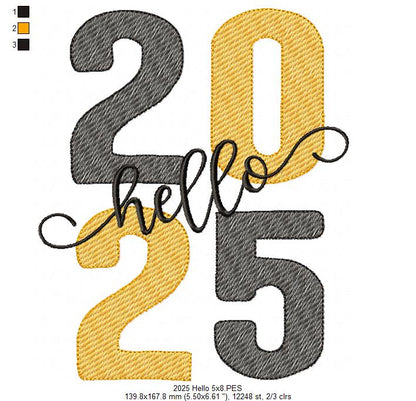 Hello 2025 - Rippled Stitch - Machine Embroidery Design