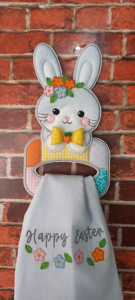 Rabbit Dish Towel Holder with Flowers - ITH Project - Machine Embroidery Design