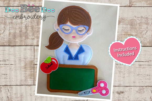 Teacher with side swept hair door decoration for school  - ITH Project -embroidery Machine
