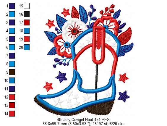 4th of July Cowboy Boot - Applique - Machine Embroidery Design